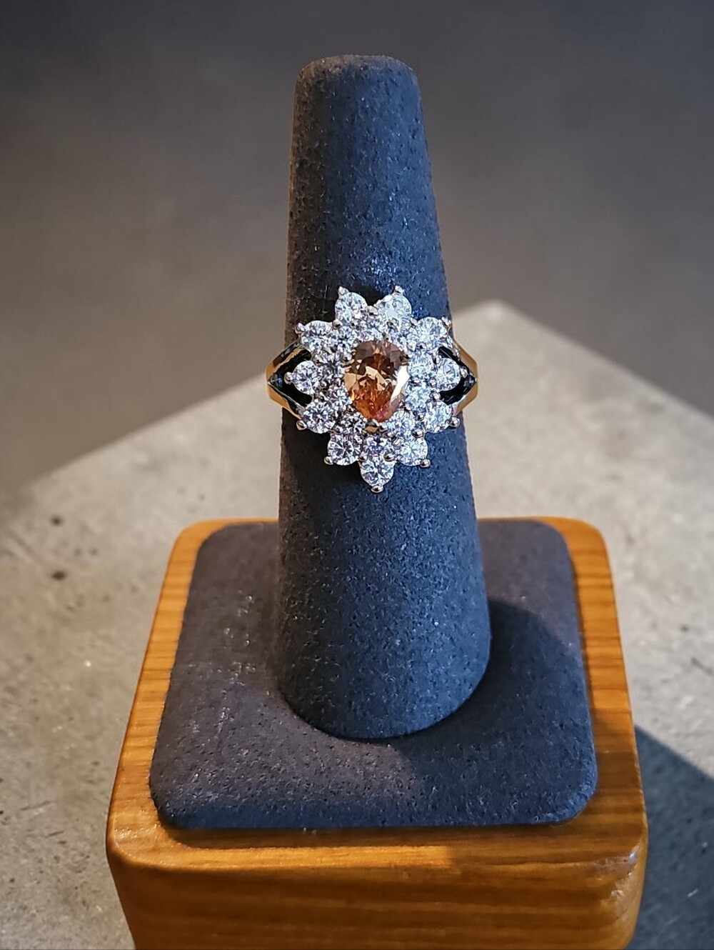 Sassified Boutique Nwt Gold Ring with Champagne Pear Center and Diamond Halo